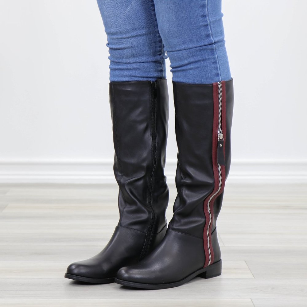 Black Below Knee Rider Boots Light Faux Fur Inside - Picture 2 of 12